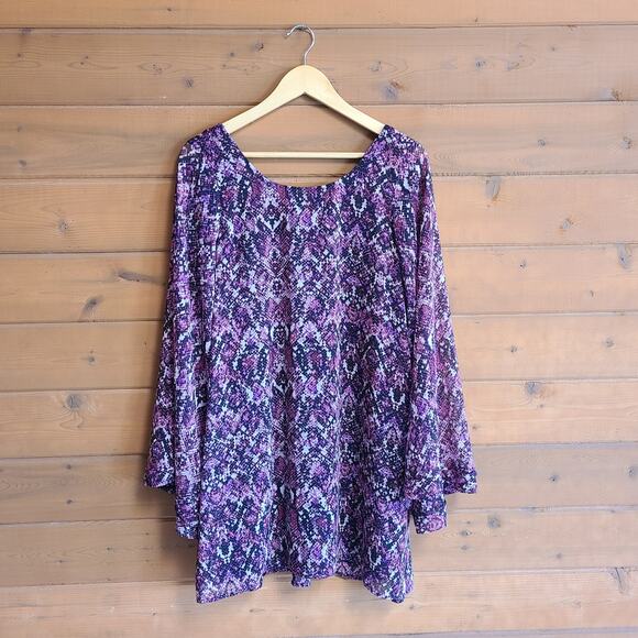 Show Me Your Mumu Bombshell Snakeskin Print Bell Sleeve Mini Dress Medium Purple - Picture 2 of 5